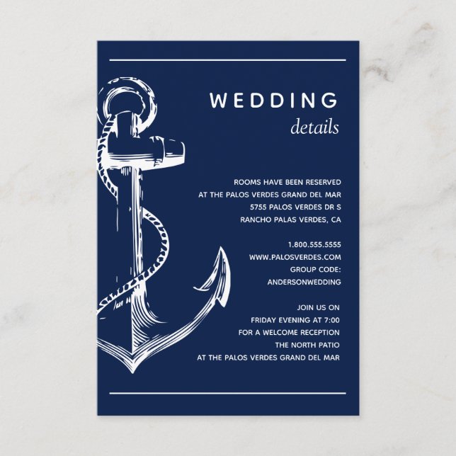 Navy Nautical White Anchor Wedding Detail Enclosure Card (Front)