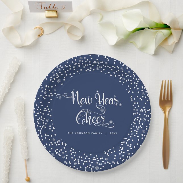 Navy New Year Cheer White Snowflake Script Elegant Paper Plate (Wedding)