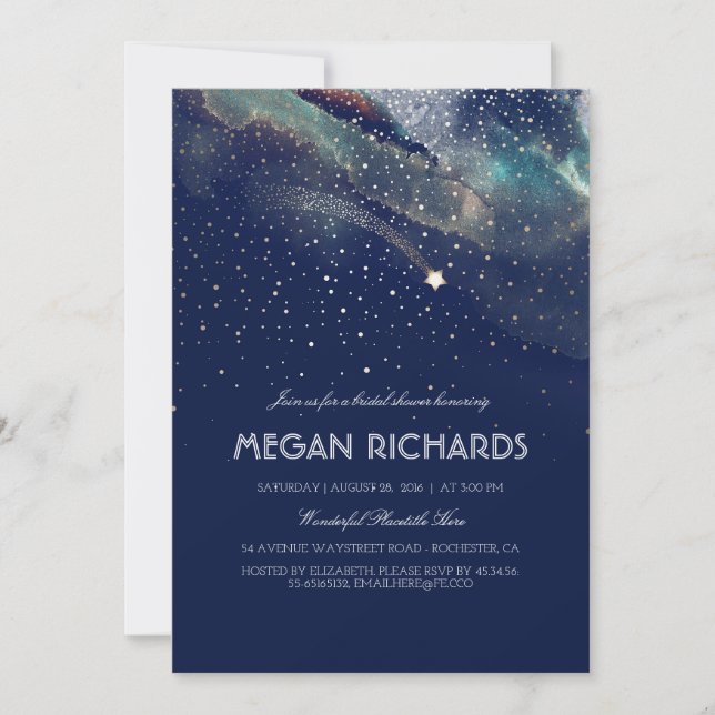 Navy Night Gold Shooting Star Bridal Shower Invitation (Front)
