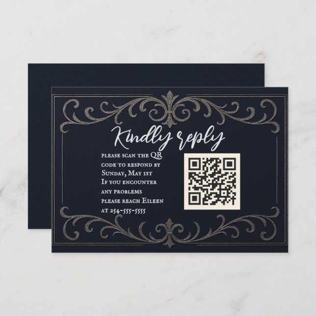 Navy Nuptial QR Code Wedding RSVP Card (Front/Back)