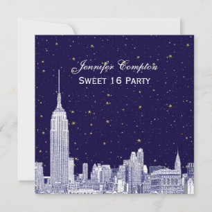 Navy NYC Skyline Etch Starry DIY BG Sweet 16 SQ In Invitation