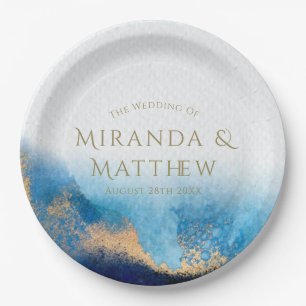 Navy Ocean Blue Gold Glitter Agate Wedding Paper Plate