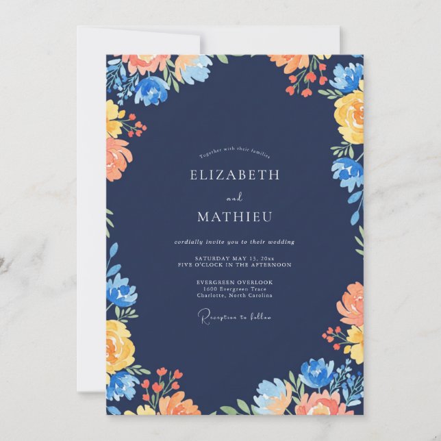 Navy Ochre Wildflower Wedding Invitation (Front)