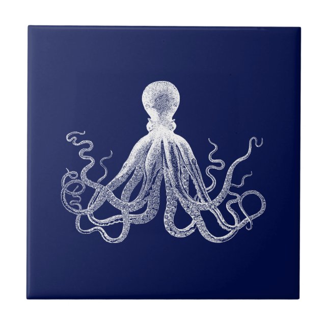 Navy Octopus Dark Blue Kraken Ceramic Tile (Front)