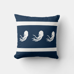 navy octopus / squid on  white  PILLOW coastal