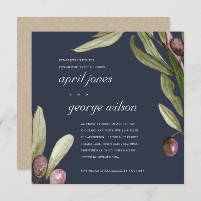 NAVY OLIVE WATERCOLOR PURPLE ENGAGEMENT INVITE (Front/Back)