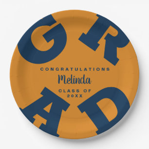 Navy on Orange Custom Graduation Paper Plate