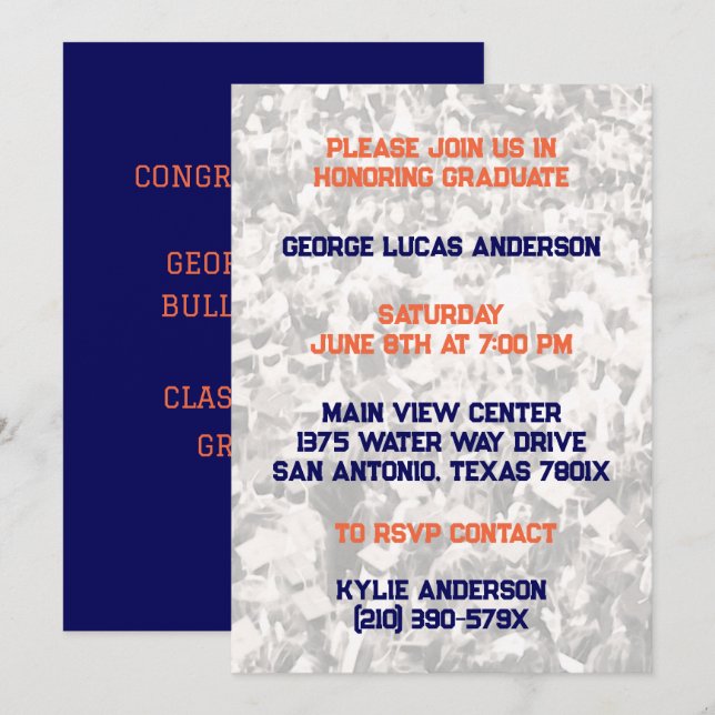 Navy Orange Athlete Player Graduation Invitation  (Front/Back)