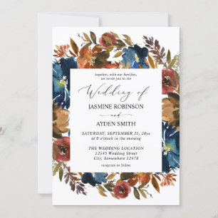 Navy, Orange, & Brown Fall Floral Wedding Invitation