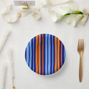 Navy Orange Cyan Vertical Stripes Design Paper Plate