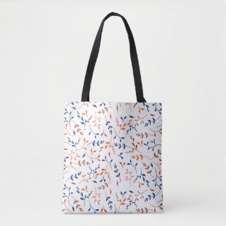 Navy Orange Ditsy Botanical Leaf Pattern Tote Bag
