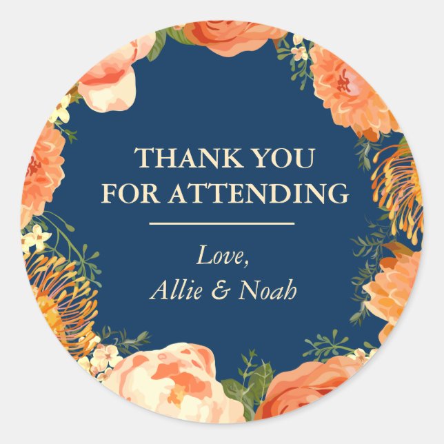 Navy & Orange Floral Thank You Classic Round Sticker (Front)