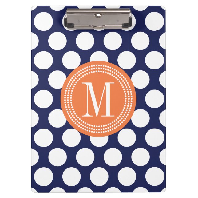 Navy & Orange Green Big Polka Dots Monogrammed Clipboard (Front)