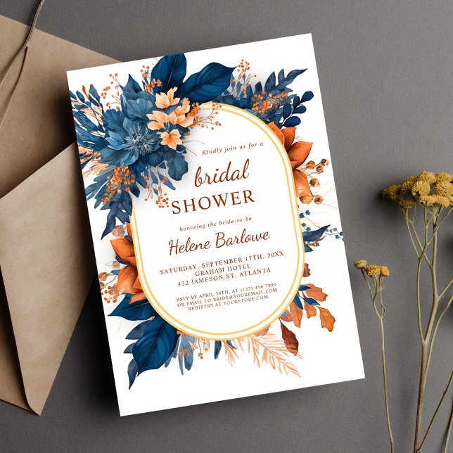 Navy Orange Modern Elegant Floral Bridal Shower Invitation (Navy Orange Modern Elegant Floral Bridal Shower Invitation)