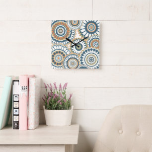 Navy Orange Multi-Mandala Design Square Wall Clock