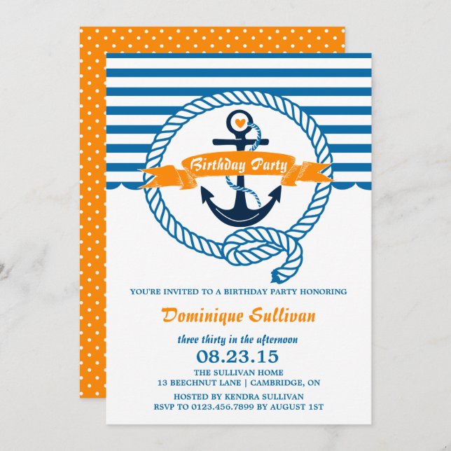 Navy & Orange Nautical Birthday Party Invitation (Front/Back)