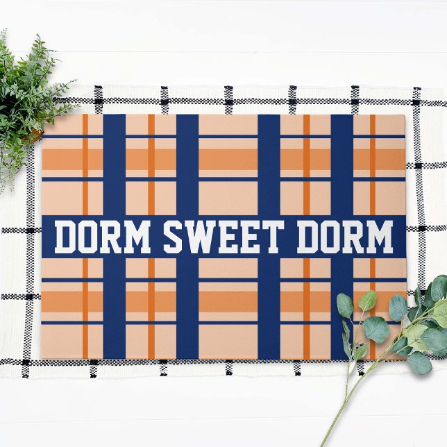 Navy Orange Plaid Cool Fun Dorm School Home Doormat (Creator Uploaded)