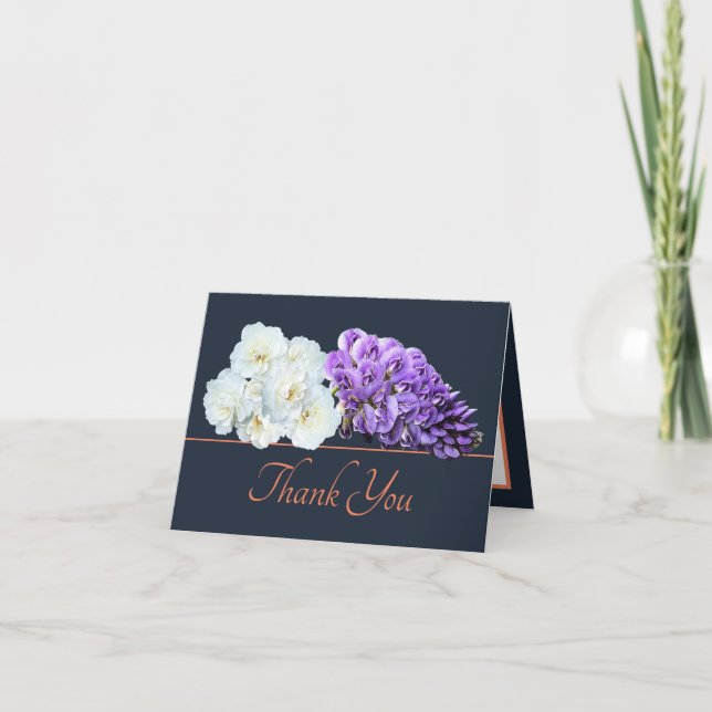 Navy Orange Rose Wisteria Chic Bouquet Thank You Card (Front)