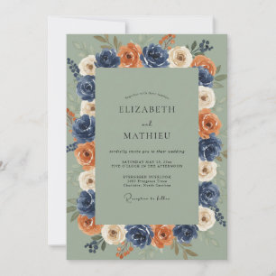 Navy Orange Rose Wreath Wedding Invitation