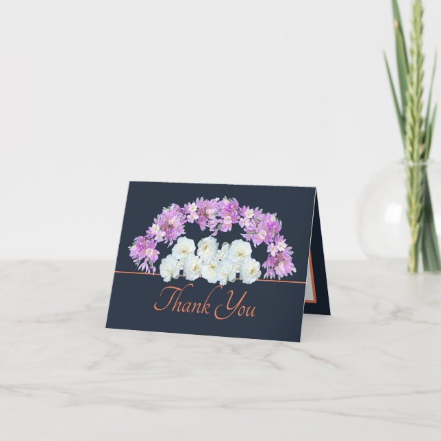 Navy Orange Roses Crocuses Garland Thank You Card (Front)