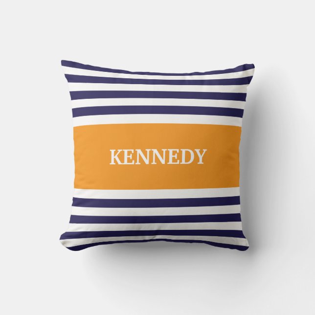 Navy Orange Stripes Monogram Cushion (Front)