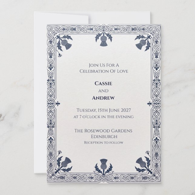 Navy Ornate Celtic Thistle Scottish Wedding Invitation (Front)