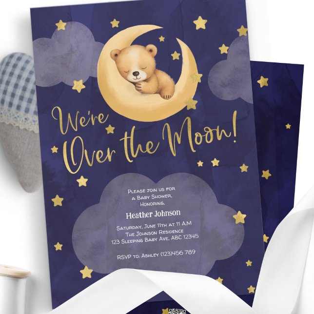 Navy Over the Moon Teddy Bear Twinkle Little Stars Invitation (Teddy Bear, Over The moon Themed, Baby Shower Shower A7 Invitation.)