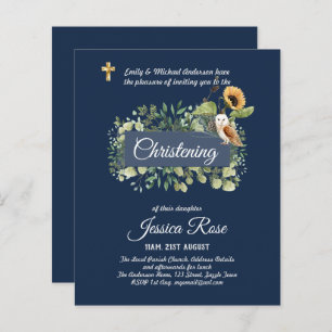 Navy Owl Sunflowers Christening Invites Baptism 