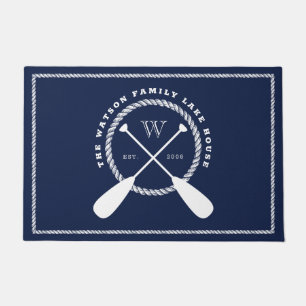 Navy Paddle Monogram Rope Frame Lake House Welcome Doormat