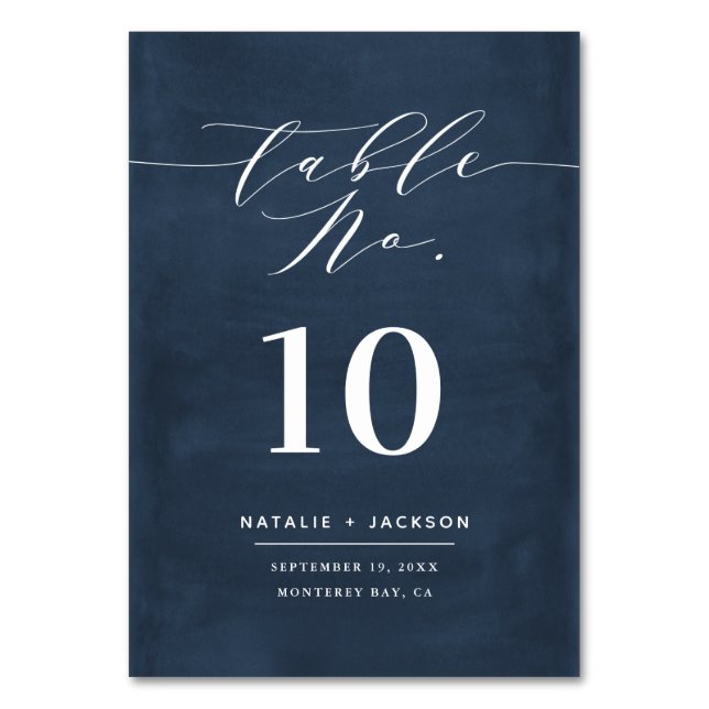 Navy painted elegant script text wedding table number (Front)