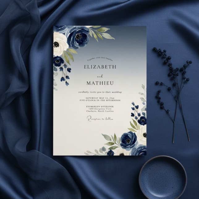 Navy Painterly Bloom Wedding Invitation (Creator Uploaded)