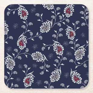 Navy Paisley: Elegant Pattern Design. Square Paper Coaster
