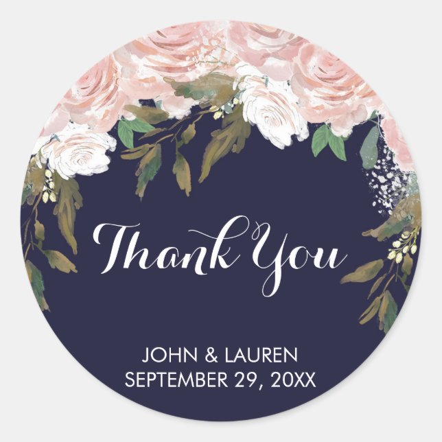 Navy pale pink floral thank you stickers wedding (Front)
