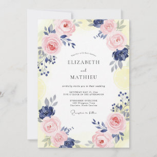 Navy Pale Pink Peony Wedding Invitation