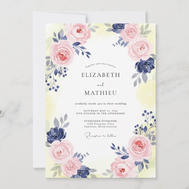 Navy Pale Pink Peony Wedding Invitation (Front)
