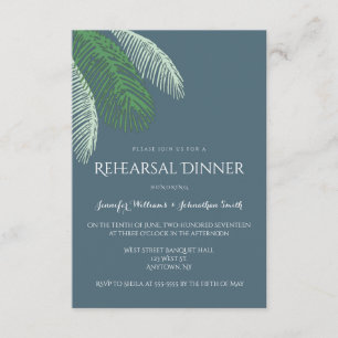 Navy palm leaves rehearsal dinner invitations