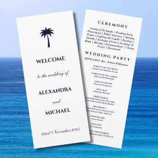 Navy Palm Tree Minimalist Coastal Wedding Program