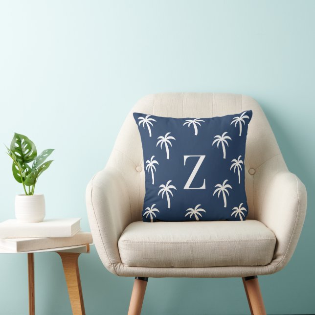 Navy Palm Tree Monogram Pillow Personalised Preppy (Chair)
