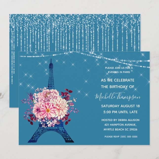 Navy Paris Eiffel Tower Glitter Floral Birthday Invitation (Front/Back)