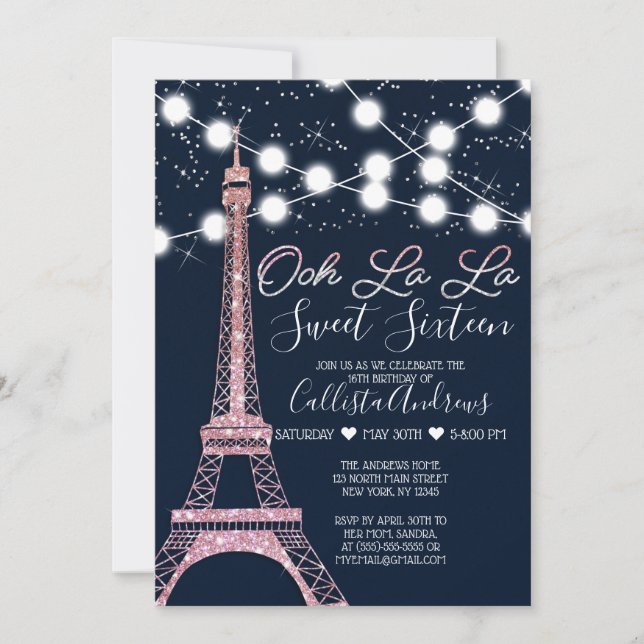 Navy Paris Eiffel Tower Glitter Lights Sweet 16 Invitation (Front)