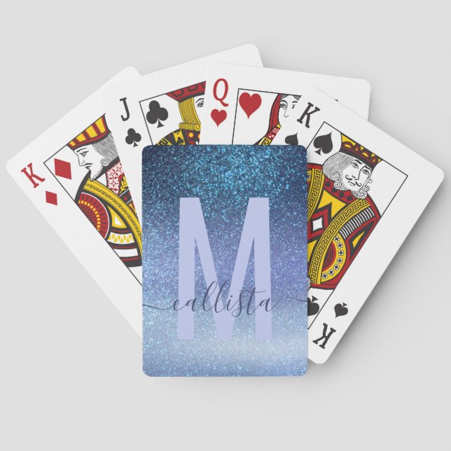 Navy Pastel Blue Triple Glitter Ombre Gradient Playing Cards (Back)