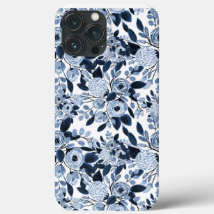 Navy Pastel Blue Watercolor Floral Pattern iPhone 13 Pro Max Case