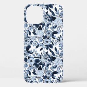 Navy Pastel Blue Watercolor Floral Pattern iPhone 12 Pro Case