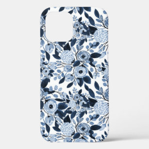 Navy Pastel Blue Watercolor Floral Pattern iPhone 12 Case