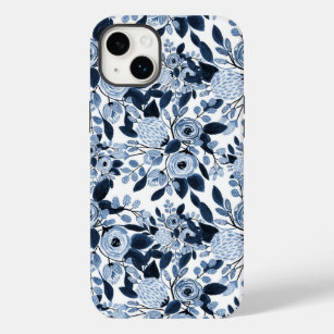 Navy Pastel Blue Watercolor Floral Pattern Case-Mate iPhone 14 Plus Case