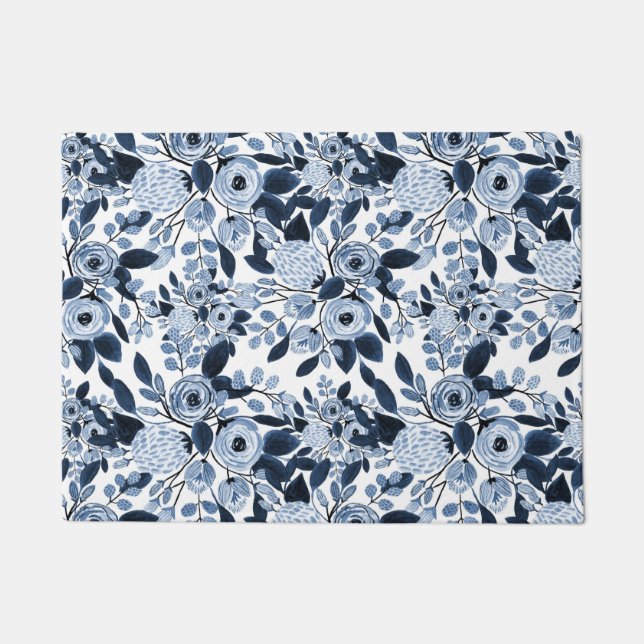 Navy Pastel Blue Watercolor Floral Pattern Doormat (Front)