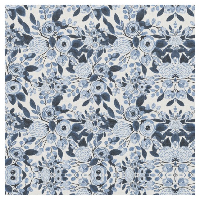 Navy Pastel Blue Watercolor Floral Pattern Fabric (Close Up)