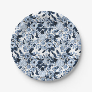 Navy Pastel Blue Watercolor Floral Pattern Paper Plate
