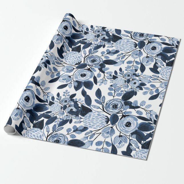 Navy Pastel Blue Watercolor Floral Pattern Wrapping Paper (Unrolled)