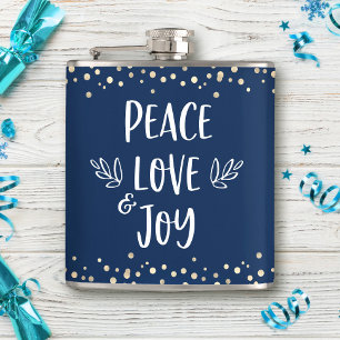Navy Peace Love Joy Modern Typography Gold Dots Hip Flask